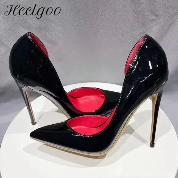 Red inside Black Patent Women Sexy Pointy Toe High Heel Shoes - Image 2