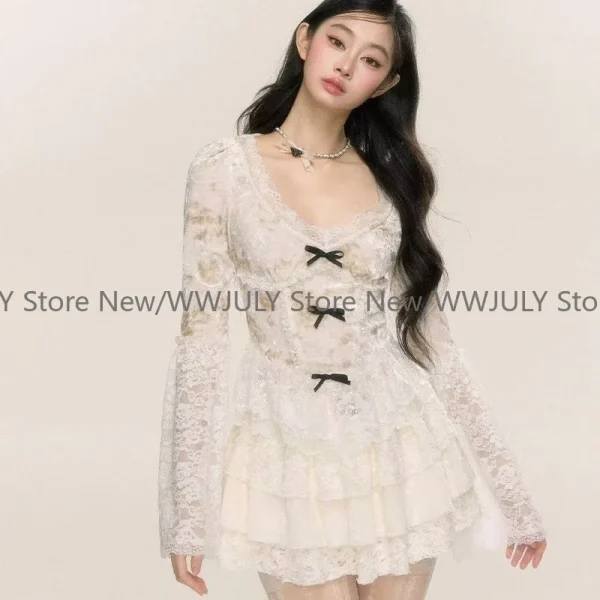 Winter Lace Long-sleeved Tops High Waist A-line Mini Skirt Two-piece Set Female - Image 3