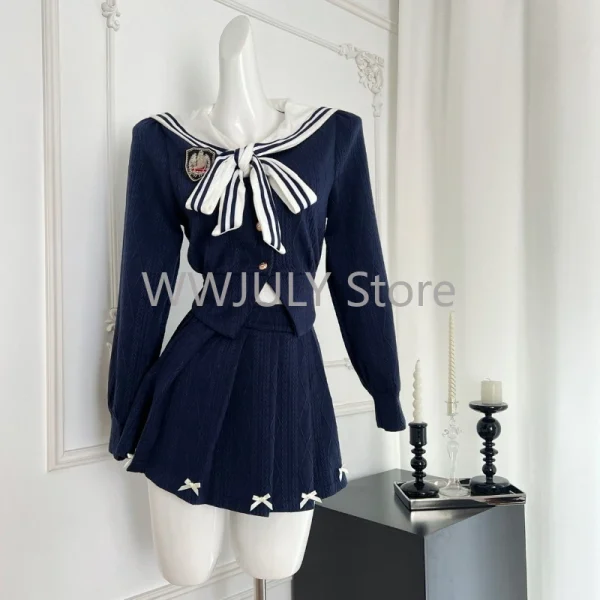 Aesthetic Outfits 2 Piece Set Long Sleeve Cardigan Sweater Mini Pleated Skirts - Image 5