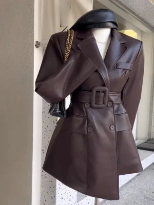 Korean Fashion Blazers Coffee Color Retro Leather Jacket Women