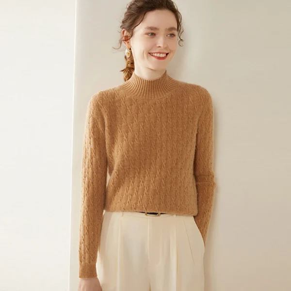 Fashion cashmere sweater half high neck warm bottom long knit - Image 2