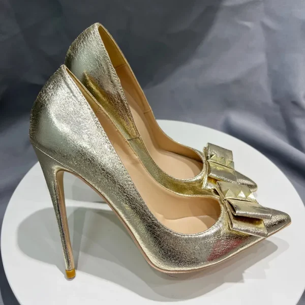 Gold Bow Women Pointy Toe High Heel Shoes Ladies Soft Leather - Image 7