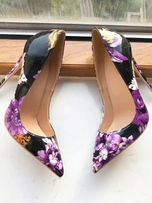 Purple Flowers Printed Women Black Patent Pointy Toe High Heel