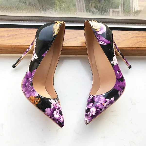 Purple Flowers Printed Women Black Patent Pointy Toe High Heel