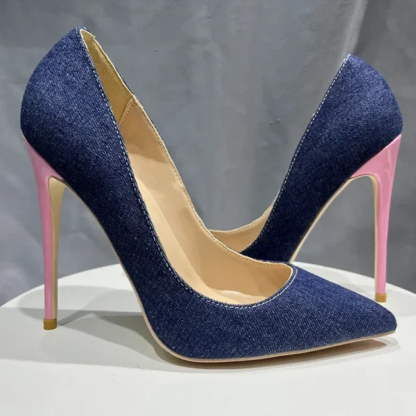 Sexy Denim Blue Women Pointy Toe High Heel Shoes