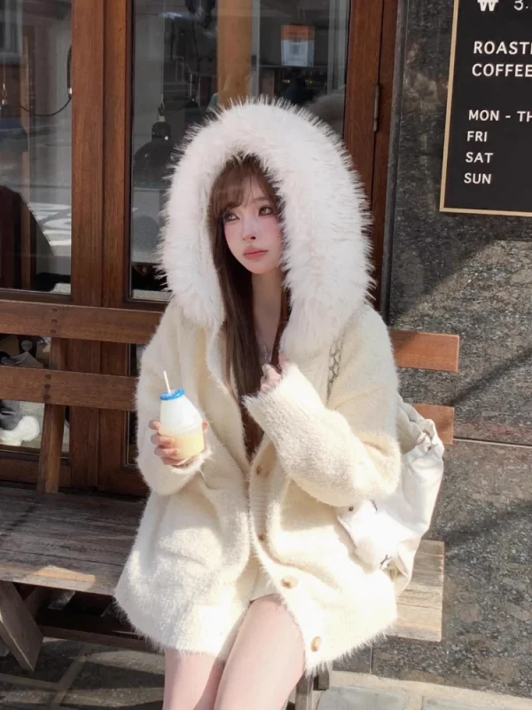 Korean Fashion Causal Hooded Knitted Sweater Cardigan Loose Fur Collar Solid Coat