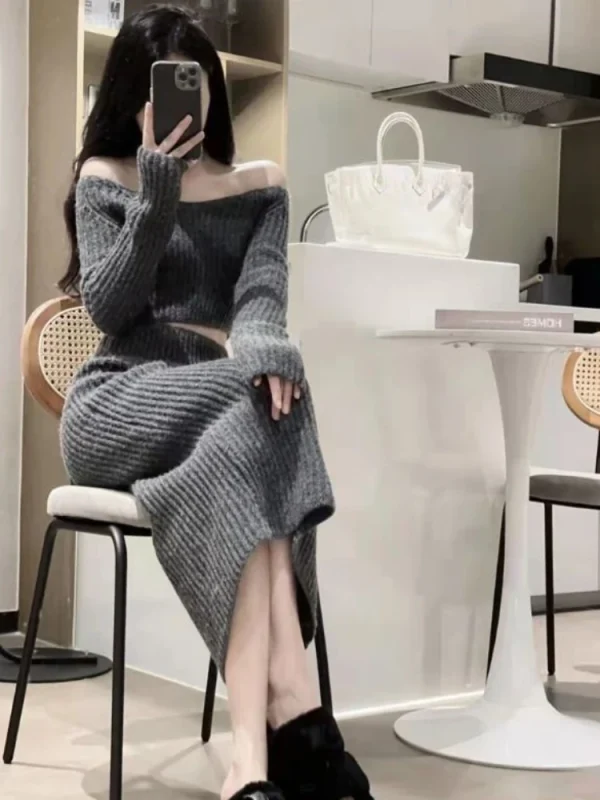 Autumn Elegant Knitted 2 Piece Set Office Lady Sweater Blouse - Image 3