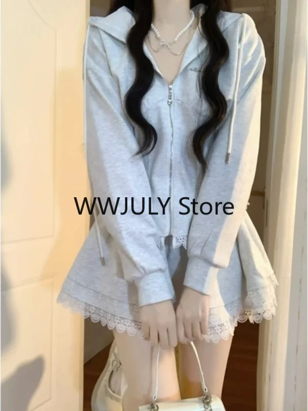 Korean Fashion Clothing Grey Lace 2 Piece Set Woman Casual Hooded - Image 2