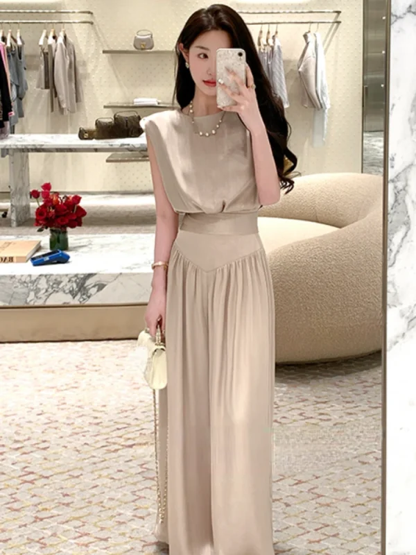 Office Lady Elegant Pants Set Woman Pure Color Sleeveless Blouse Loose