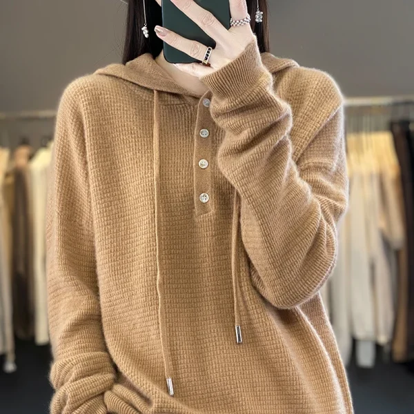 Sweater women's knitted pullover hoodie solid color buttons - Image 5