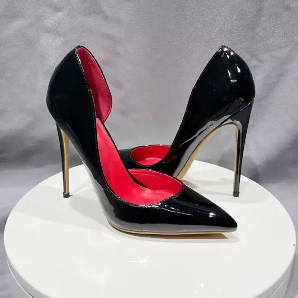 Red inside Black Patent Women Sexy Pointy Toe High Heel Shoes - Image 3