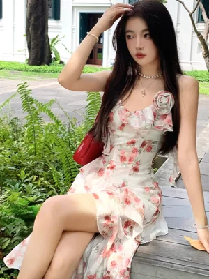 Spicy Girl Dot Flower Irregular Dress Design Elegant Slip Dress for Women