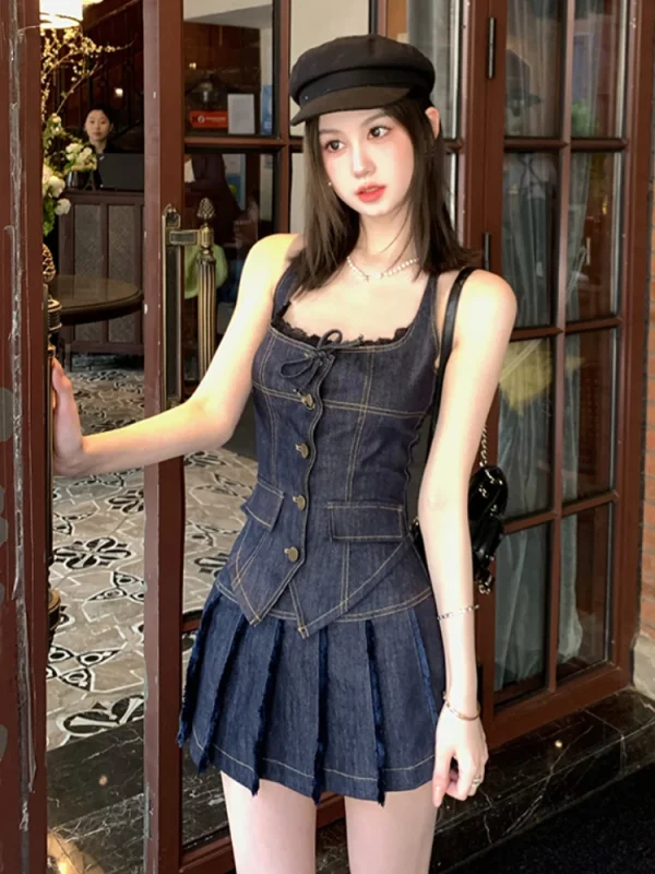 Skirt Set Korean Single Breasted Denim Halter Tops - Image 6