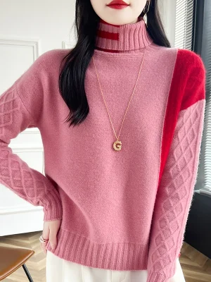 Color matching fashion turtleneck pullover sweater for women