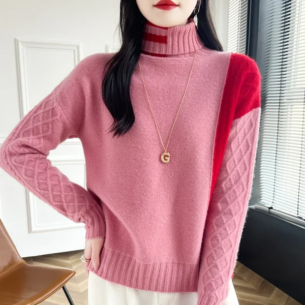 Color matching fashion turtleneck pullover sweater for women