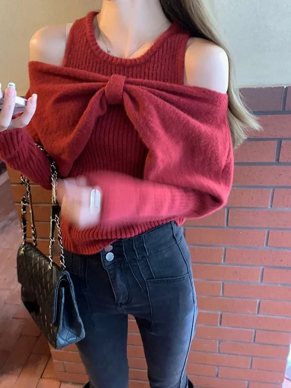 Knitted Sweater Woman French Elegant Solid Tops Korean Clothing - Image 2