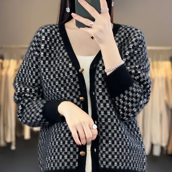 Wool Sweater Women's V-neck Knitted Cardigan Plaid Contrast Loose Fashion - Image 6