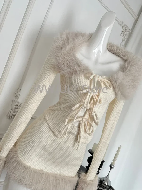 Fall Winter Women Old Money French Vintage Party Knit Outfits - Image 2