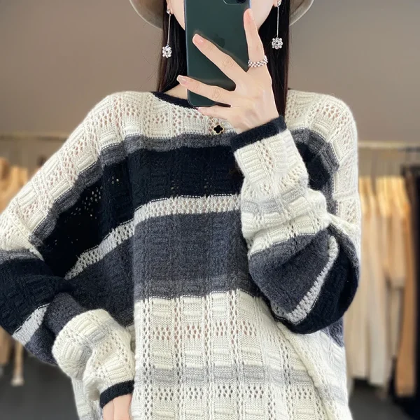 Wool striped contrast hollow O-neck loose pullover sweater fashion - Image 2