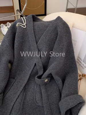 Autumn Winter Grey V-neck Knitted Sweater Women Elegant Fashion