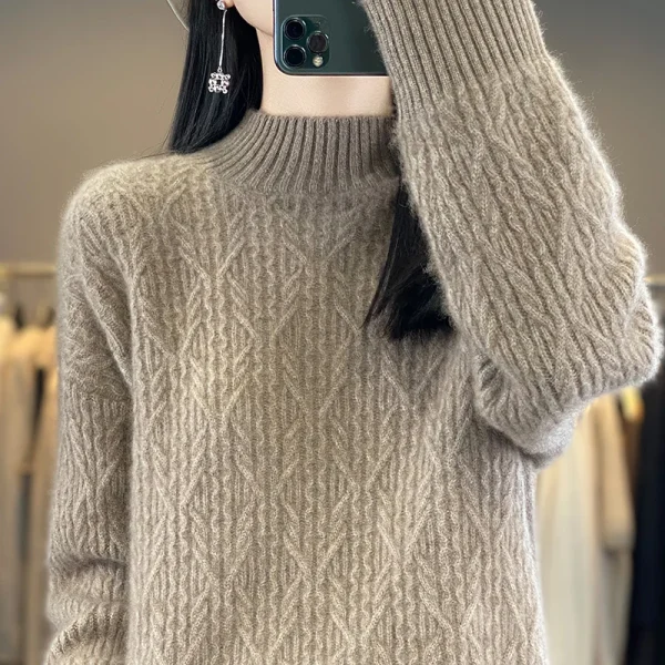 Wool cashmere sweater Women's semi-turtleneck pullover warm - Image 2