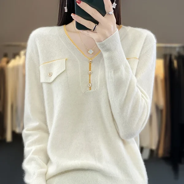 Cashmere sweater solid color button V-neck knitted pullover casual fashion - Image 3