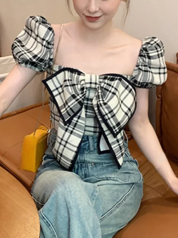 Summer Short Sleeve Vintage Plaid Blouse Women Korean Style Crop Tops Office - Image 3