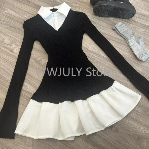 Fashion Women's Fake Two Piece Shirt Spliced Knitted Dress - Image 3