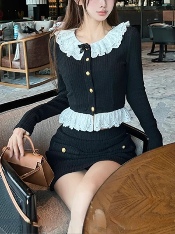 Sexy Bodycon Mini Skirt Korean Fashion Knitted Suit Woman Slim