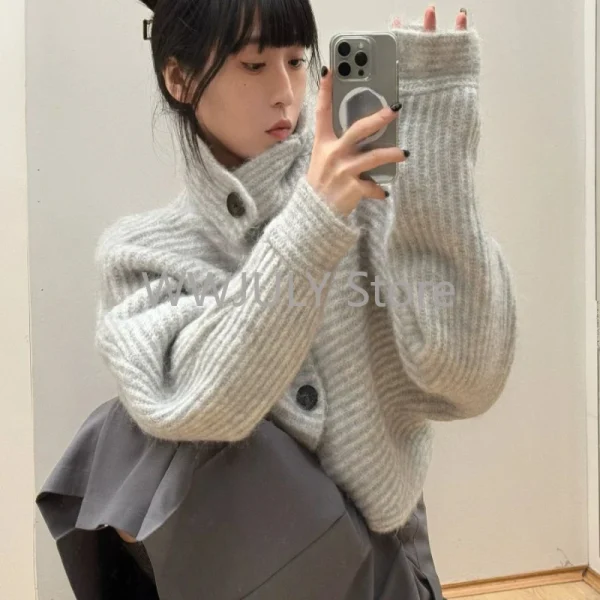 Gray Striped Women Sweater Vintage Turtleneck Korean Fashion - Image 4