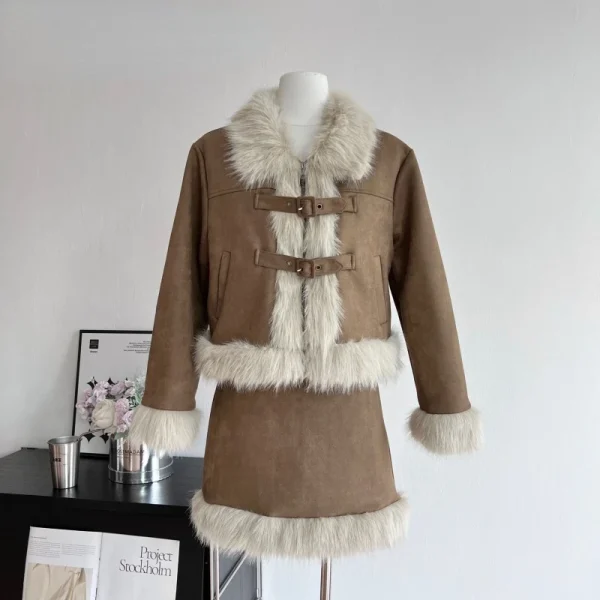 Faux Fur 2 Piece Skirt Set Women Casual  Blazers Coats Mini Skirts Chic - Image 9