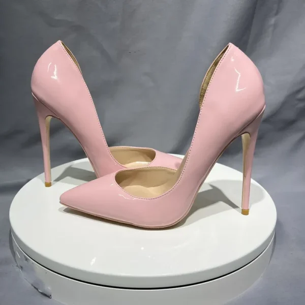 Glossy Pink Women's Sexy Side V Cut Pointy Toe High Heels - Image 3