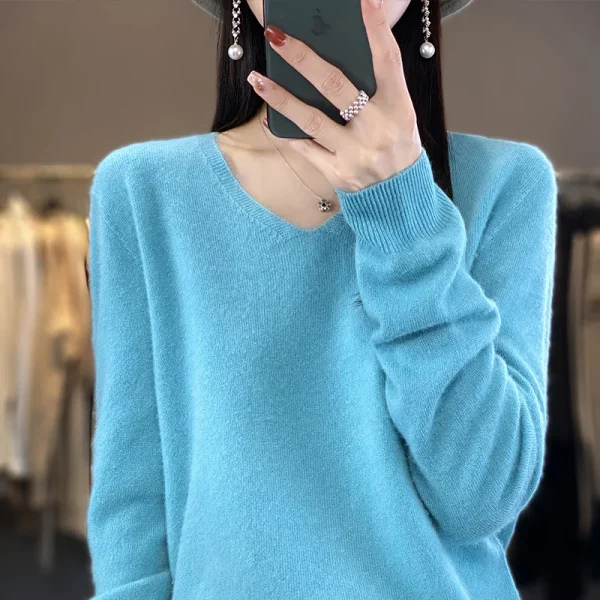 Wool cashmere sweater women's V-neck pullover women's coat