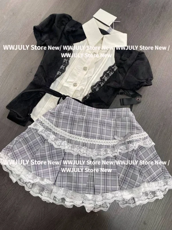 Women Lace Up Vintage Kawaii Sets Female Princess Mini Skirts Suit 2025 - Image 4