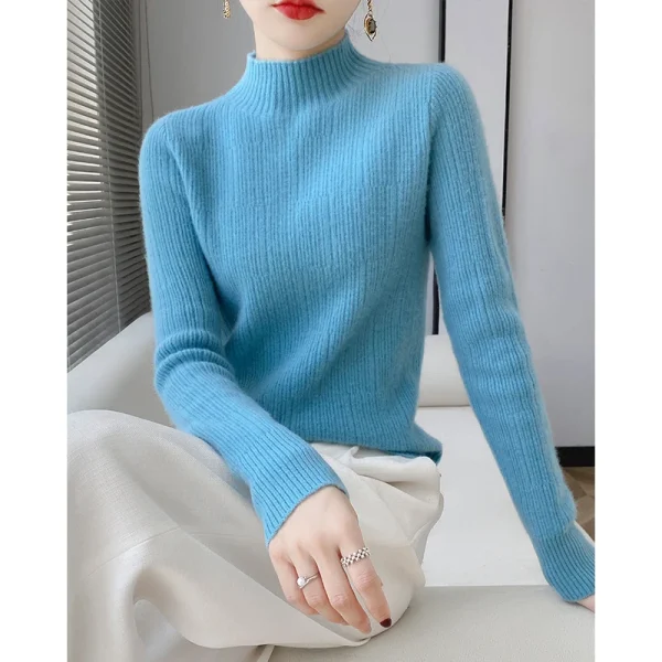 Wool women's semi-high neck slim sweater solid color casual knit - Image 2