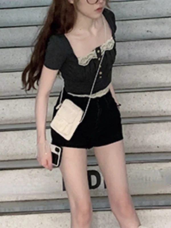 Crop Top Basic Vintage Sweet Fashion Shirts Korean Style - Image 3