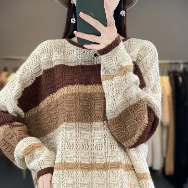 Wool striped contrast hollow O-neck loose pullover sweater fashion - Image 4