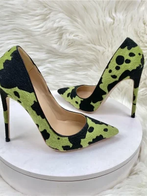 Hairy Fabric Women Green Cow Pattern Pointy Toe High Heel Shoes