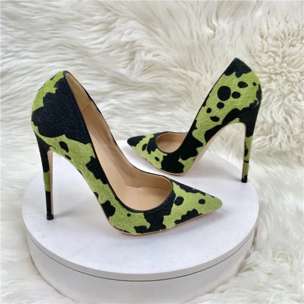 Hairy Fabric Women Green Cow Pattern Pointy Toe High Heel Shoes