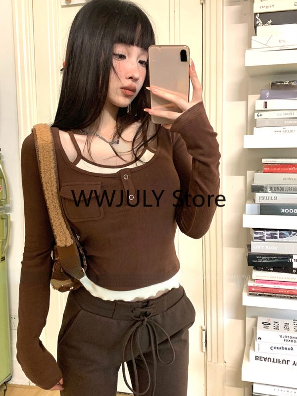 Korean Fashion Knitted Fake Two Tops Basic Slim Bodycon Sweater - Image 7