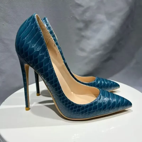 Dark Blue Croc-Effect Women Sexy Pointy Toe High Heel Shoes - Image 5