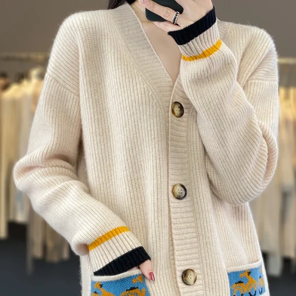 Wool women's V-neck knit cardigan contrast color long sleeve sweater - Image 5