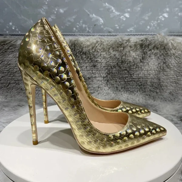 Glitter Gold Crocodile Effect Women Sexy Pointy Toe High Heel - Image 5