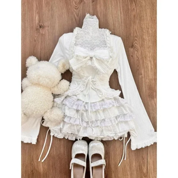 Sweet Lolita Style Sweet 3 Piece Set Woman Slim Ruffles Long Sleeve Cardigan - Image 2