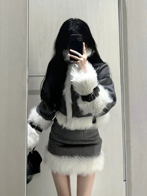 Skirt Set Woman Korean Style Suit Warm Fashion Fur Coat Jacket - Image 3