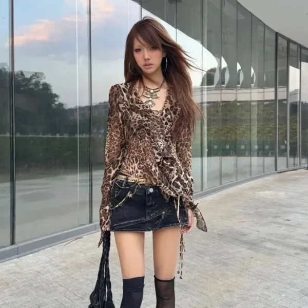 Leopard Print T-Shirt Harajuku Ruffled Blouses Grunge Aesthetics V-neck - Image 5