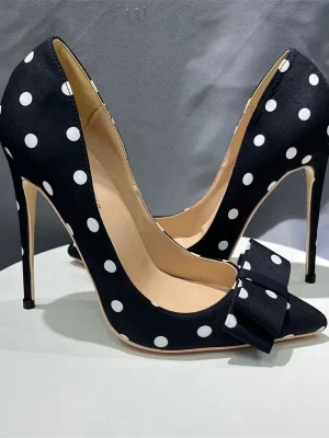 Polka Dot Bow Women Black Satin Sexy Pointy Toe High Heel Shoes