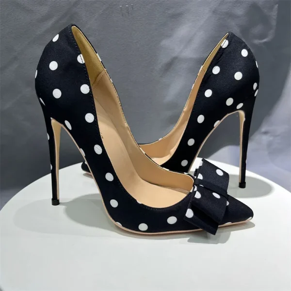 Polka Dot Bow Women Black Satin Sexy Pointy Toe High Heel Shoes