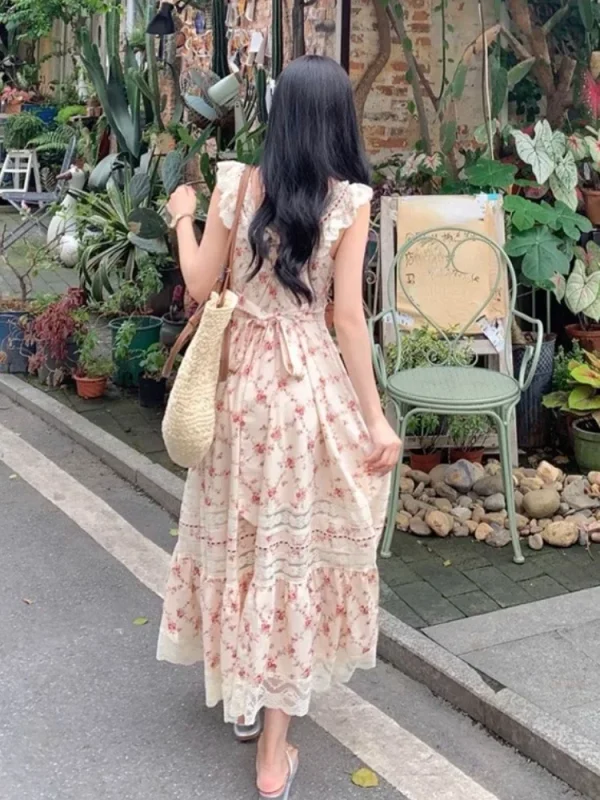 Elegant Floral Midi Dress Beach Style Korean Fashion - Image 6