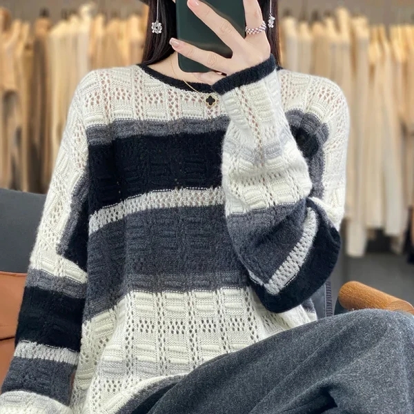 Wool striped contrast hollow O-neck loose pullover sweater fashion - Image 5